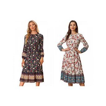 2 Packs Women's Boho Floral Long Sleeves Maxi Dress