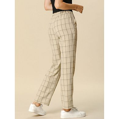 2 Packs Women's Plaid Elastic Waist Button Zipper Straight Leg Long Pants