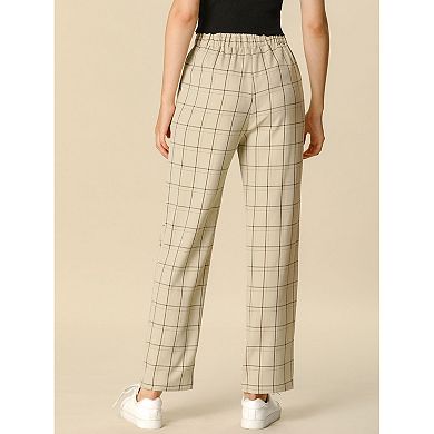2 Packs Women's Plaid Elastic Waist Button Zipper Straight Leg Long Pants
