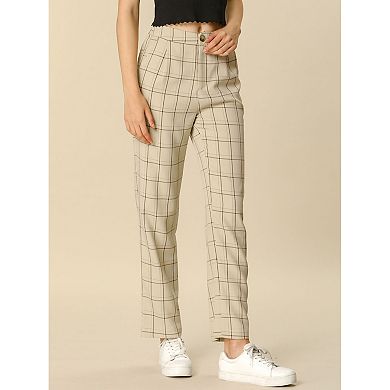 2 Packs Women's Plaid Elastic Waist Button Zipper Straight Leg Long Pants