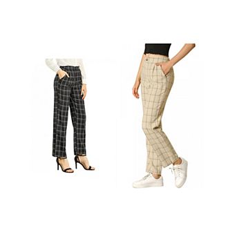 2 Packs Women's Plaid Elastic Waist Button Zipper Straight Leg Long Pants