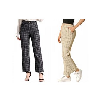 2 Packs Women's Plaid Elastic Waist Button Zipper Straight Leg Long Pants