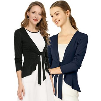 2 Packs Women's Tie Open Front Long Sleeve Knit Metallic Ruffled Crop Cardigan