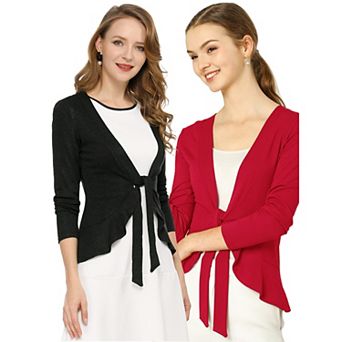 2 Packs Women's Tie Open Front Long Sleeve Knit Metallic Ruffled Crop Cardigan