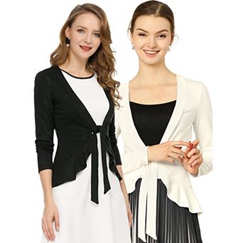2 Packs Women's Tie Open Front Long Sleeve Knit Metallic Ruffled Crop Cardigan