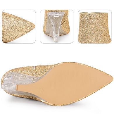 Clear Heels Boots Sequin Pointed Toe Glitter Wedge Heels Ankle Boots for Women