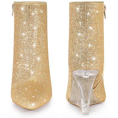 Clear Heels Boots Sequin Pointed Toe Glitter Wedge Heels Ankle Boots for Women
