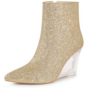 Clear Heels Boots Sequin Pointed Toe Glitter Wedge Heels Ankle Boots for Women