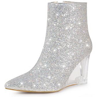 Clear Heels Boots Sequin Pointed Toe Glitter Wedge Heels Ankle Boots for Women