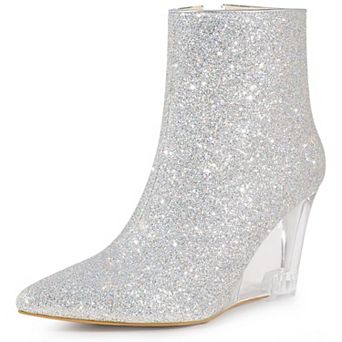 Clear Heels Boots Sequin Pointed Toe Glitter Wedge Heels Ankle Boots for Women
