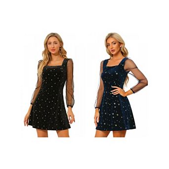 2 Packs Women's Mesh Sheer Long Sleeve Square Neck Velvet Star Prom Dress
