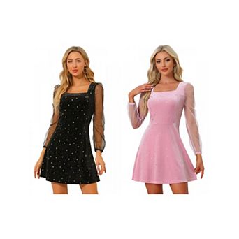 2 Packs Women's Mesh Sheer Long Sleeve Square Neck Velvet Star Prom Dress