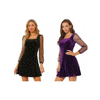 2 Packs Women's Mesh Sheer Long Sleeve Square Neck Velvet Star Prom Dress