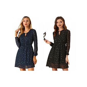 2 Packs Women's Choker V Neck Long Sleeves Above Knee A Line Dress