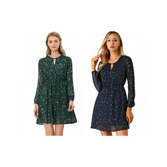 2 Packs Women's Choker V Neck Long Sleeves Above Knee A Line Dress