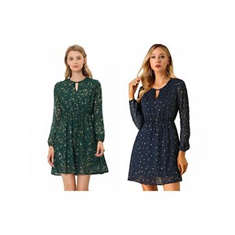 2 Packs Women's Choker V Neck Long Sleeves Above Knee A Line Dress
