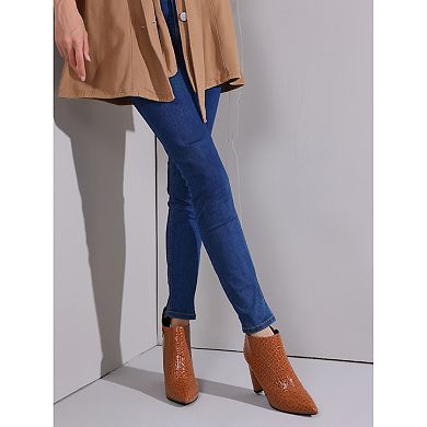 Pointed Toe Stone Printed Chunky Heels Short Ankle Boots for Women