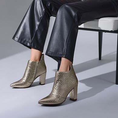 Pointed Toe Stone Printed Chunky Heels Short Ankle Boots for Women