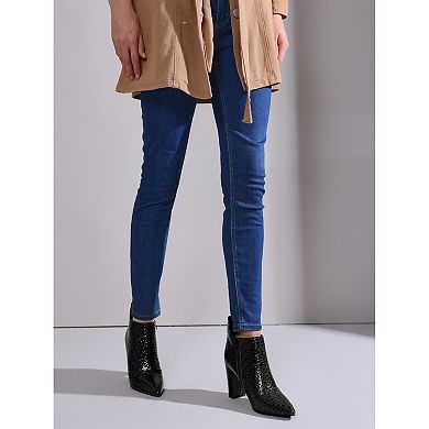 Pointed Toe Stone Printed Chunky Heels Short Ankle Boots for Women