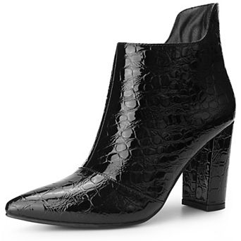Pointed Toe Stone Printed Chunky Heels Short Ankle Boots for Women