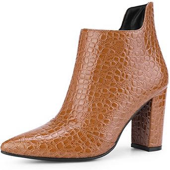 Pointed Toe Stone Printed Chunky Heels Short Ankle Boots for Women