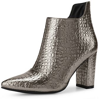 Pointed Toe Stone Printed Chunky Heels Short Ankle Boots for Women
