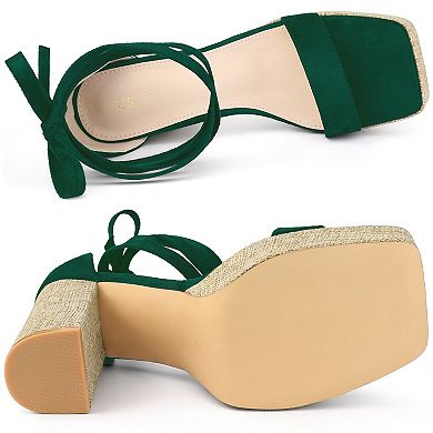 Women's Platform Sandals Square Toe Chunky Heels Lace Up Sandals