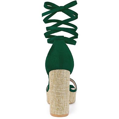 Women's Platform Sandals Square Toe Chunky Heels Lace Up Sandals