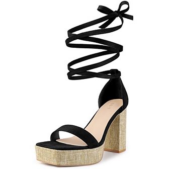 Women's Platform Sandals Square Toe Chunky Heels Lace Up Sandals