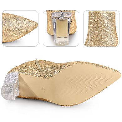 Clear Heel Sparkly Glitter Block Heels Ankle Boots for Women