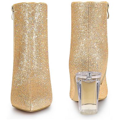 Clear Heel Sparkly Glitter Block Heels Ankle Boots for Women