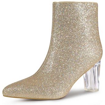 Clear Heel Sparkly Glitter Block Heels Ankle Boots for Women