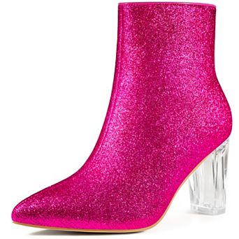 Clear Heel Sparkly Glitter Block Heels Ankle Boots for Women