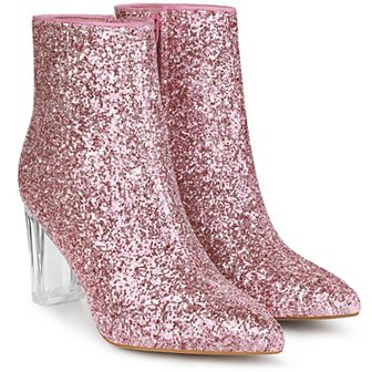 Clear Heel Sparkly Glitter Block Heels Ankle Boots for Women