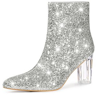 Clear Heel Sparkly Glitter Block Heels Ankle Boots for Women