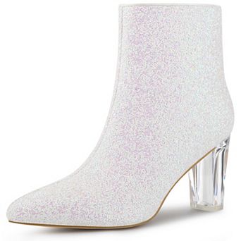 Clear Heel Sparkly Glitter Block Heels Ankle Boots for Women