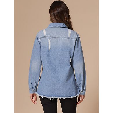 Women's Denim Jackets Oversized Frayed Hem Pockets Long Sleeve Button Down Jean Jacket