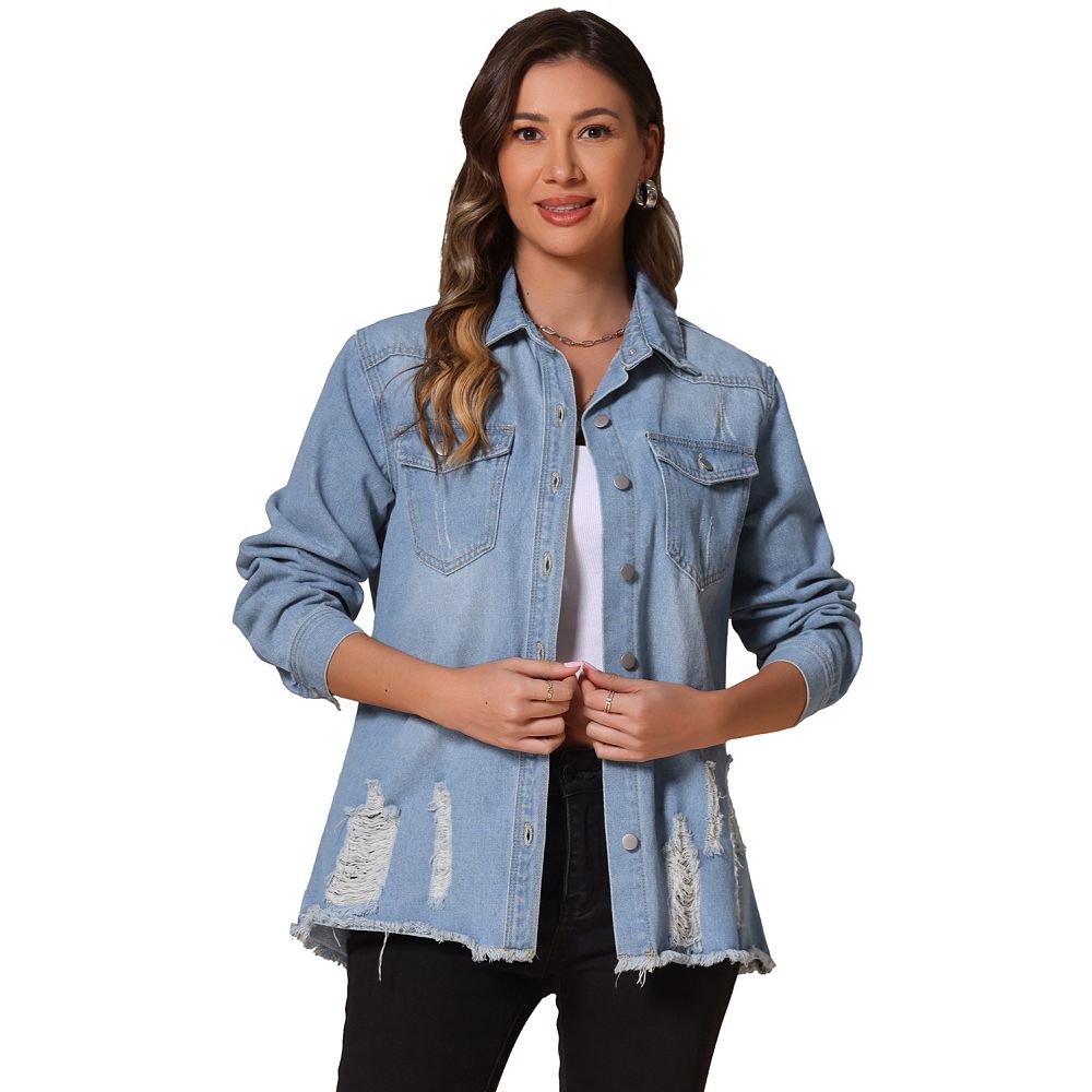 STS Blue Women's Frayed Pocketed Oversize Boyfriend Buttoned Denim Jacket Blue Size X-Small main image 0