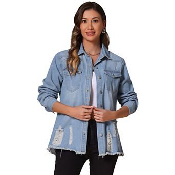 Women's Denim Jackets Oversized Frayed Hem Pockets Long Sleeve Button Down Jean Jacket