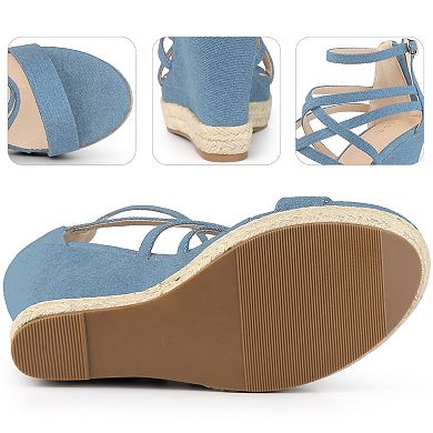 Denim Platform Heels Strappy Denim Wedge Sandals for Women
