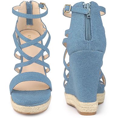 Denim Platform Heels Strappy Denim Wedge Sandals for Women
