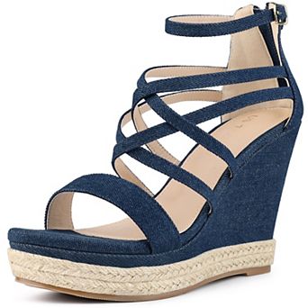 Denim Platform Heels Strappy Denim Wedge Sandals for Women