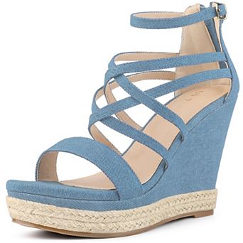 Denim Platform Heels Strappy Denim Wedge Sandals for Women