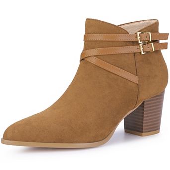 Women's Strappy Pointed Toe Buckle Chunky Heel Ankle Booties