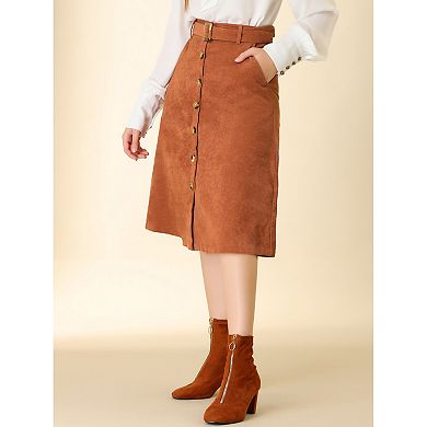 2 Packs Women's High Waist Midi Skirts A-Line Button Front Belted Corduroy Skirt