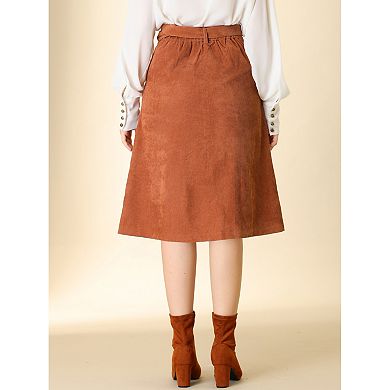 2 Packs Women's High Waist Midi Skirts A-Line Button Front Belted Corduroy Skirt
