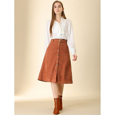 2 Packs Women's High Waist Midi Skirts A-Line Button Front Belted Corduroy Skirt
