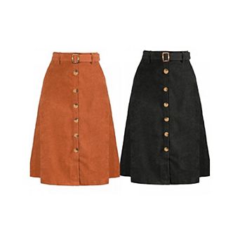 2 Packs Women's High Waist Midi Skirts A-Line Button Front Belted Corduroy Skirt