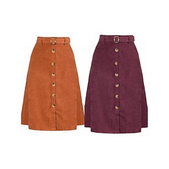 2 Packs Women's High Waist Midi Skirts A-Line Button Front Belted Corduroy Skirt