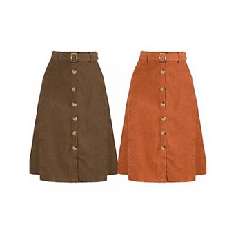 2 Packs Women's High Waist Midi Skirts A-Line Button Front Belted Corduroy Skirt